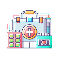 Cute stylized first aid kit with various medical supplies illustration vector