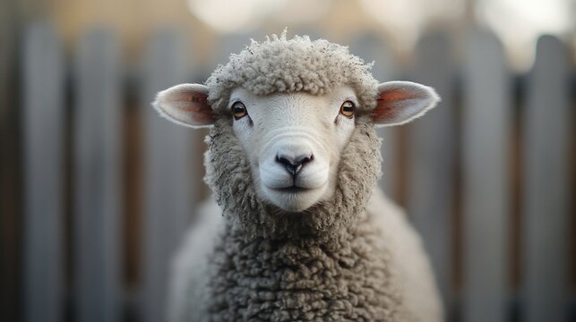 Sheep portrait looking forward, farm fence backdrop, focused, depth of field