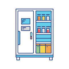 Cartoon illustration of a laboratory fridge filled with colorful chemicals