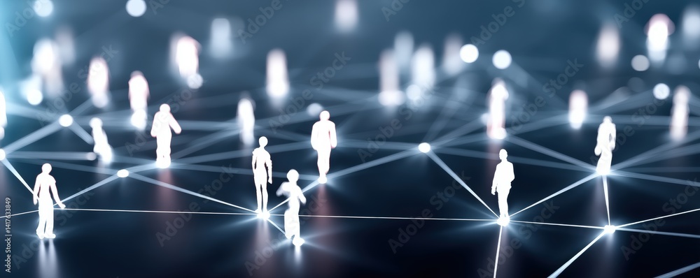 Poster a digital network of interconnected figures illustrates connectivity in a virtual environment.