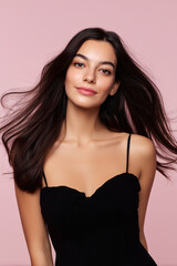 Fototapeta premium Woman with flowing dark hair in a black dress poses in front of a soft pink backdrop. Beauty, fashion.