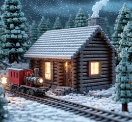 Cozy Winter Scene with Toy Train and Snowy Cabin at Night