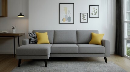 Cozy Modern Living Room with Gray Sofa and Yellow Accents