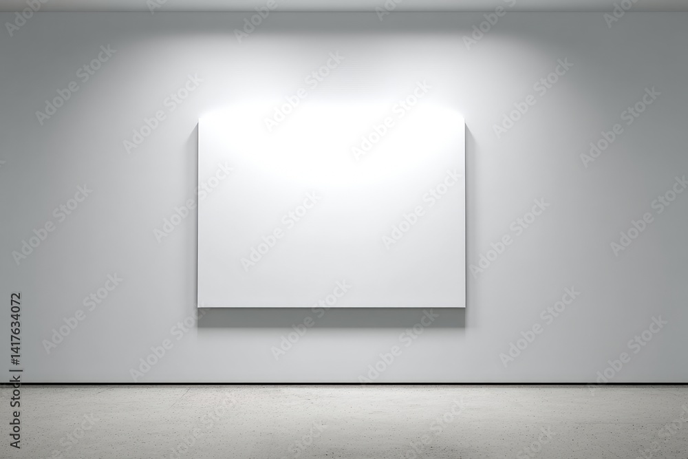 Poster a minimalist gallery wall featuring a blank canvas, illuminated by soft light, creating a serene and