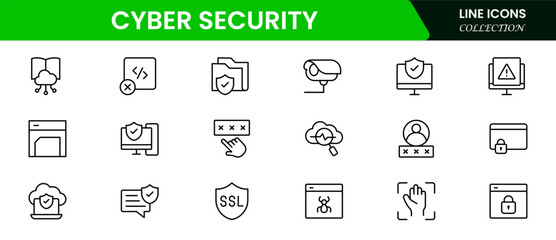 Cyber security icon set with information, technology, data network, malware, virus, unauthorized access, and protected. Vector illustration web line icon collection