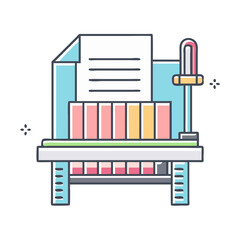 Illustrative depiction of a paper trimmer and guillotine with colorful design