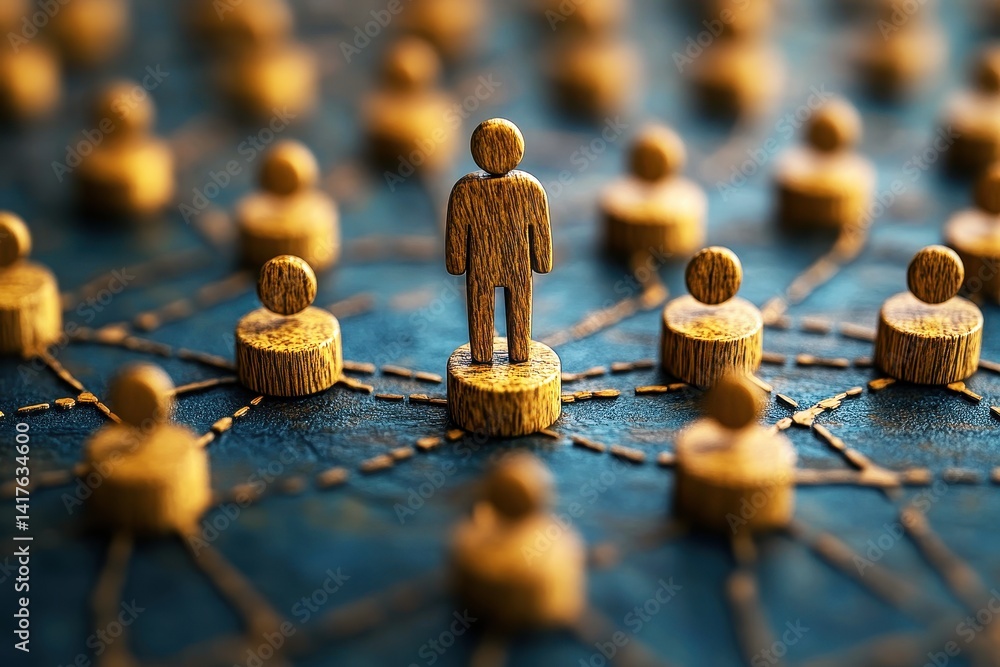 Poster wooden figures representing connection and networking in a digital world symbolizing collaboration, 