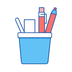 Stylized Vector Image of a Blue Desk Organizer with Pink Stationary Items