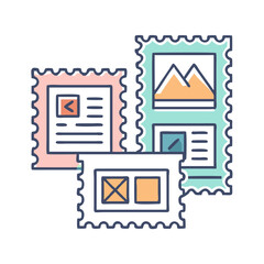 Collection of Illustrated Postage Stamps Depicting Various Iconographic Designs and Visuals