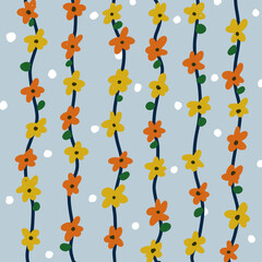 Flower Blooming on Branch Seamless Pattern Illustration with Blue Background