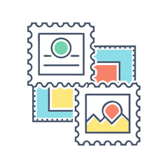 Collection of Four Postage Stamps with Unique Designs and Bright Colors