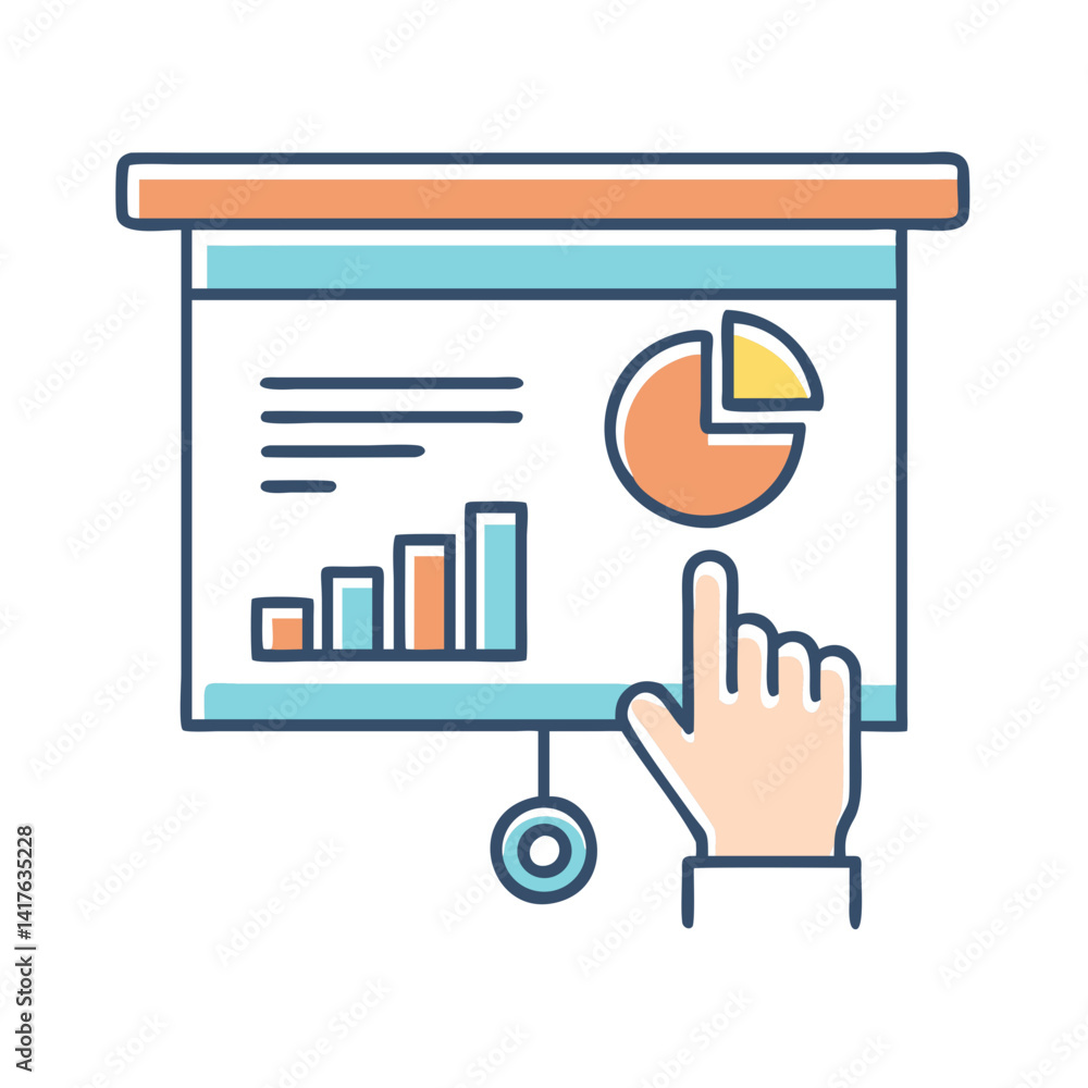 Poster Hand Interacting with a Presentation Displaying Data Charts and Information