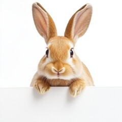 Obraz premium Cute Brown Rabbit with Big Ears Peeking Over a White Background