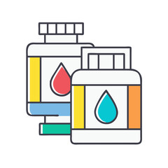Two bottles with colorful water drop labels representing different liquid types