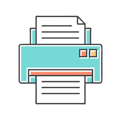 Colorful flat illustration of a printer outputting documents for office use