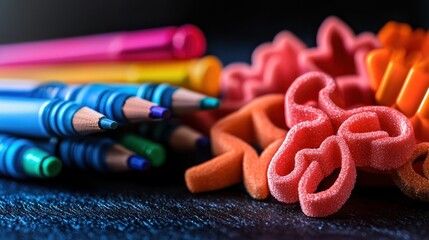 Obraz premium Colorful pens and pencils near gummy candies on a dark surface