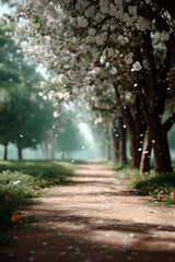 Fototapeta premium Blossom Path: A scenic dirt path lined with flowering trees, petals falling like snow in a serene setting.