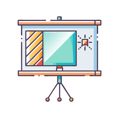 Cartoonish presentation board with data visualization and tripod stand style