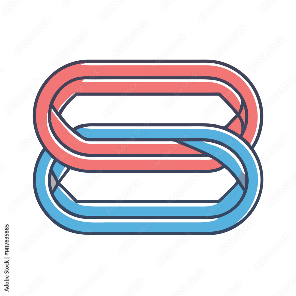 Poster interlocking red and blue shapes creating a visual illusion of entanglement