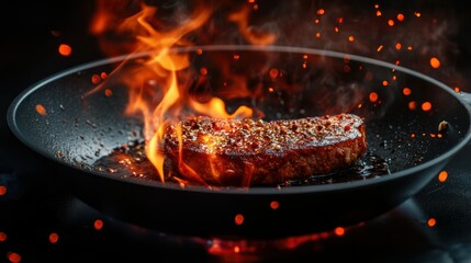 A pan with a steak being seared, close-up, juicy, delicious, cooking