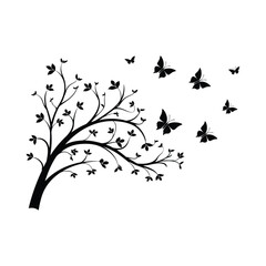 Vector silhouette of branch with flying butterfly white background