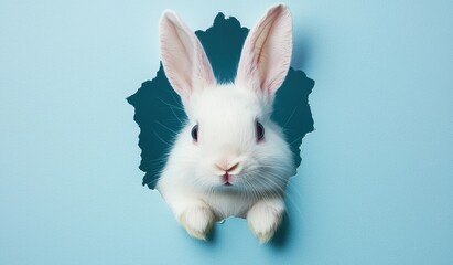 Obraz premium White Rabbit Emerging from Blue Wall Hole with Cute Expression
