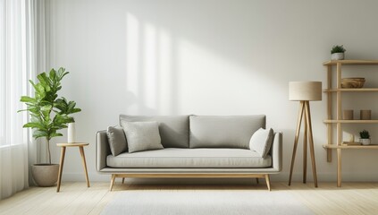 Modern living room with sofa, natural light, wooden shelving, and plant