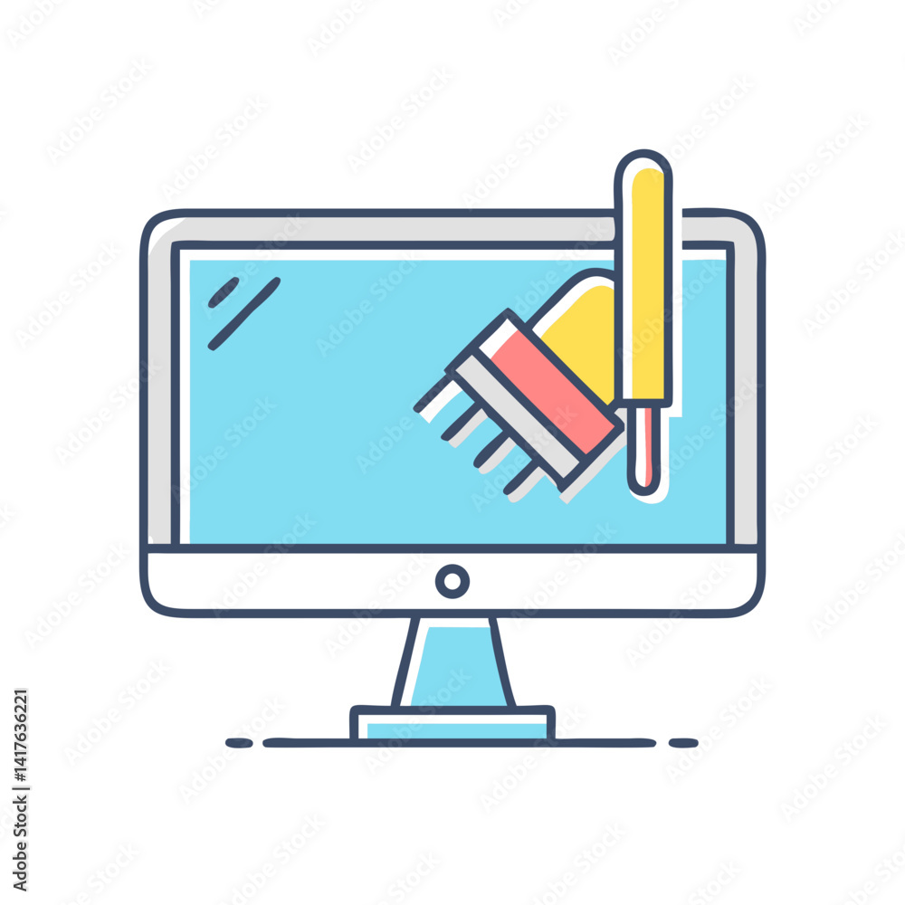 Poster stylized illustration of a computer monitor displaying tools for graphic design