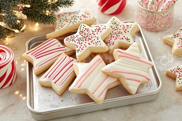 Festive cookie decorating event home kitchen food art holiday environment overhead view creative concepts