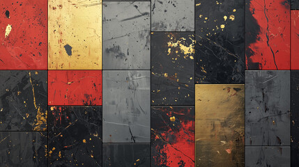 Fototapeta premium Abstract geometric wall pattern with textured tiles in black, red, gray, and gold paint splatters and brush strokes.