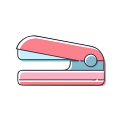 Stylized pink and blue stapler with dark outline illustration on white background