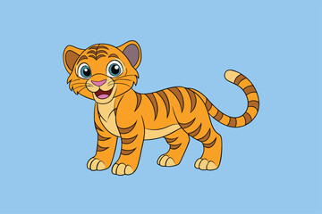 Cute cartoon tiger is standing on a white background