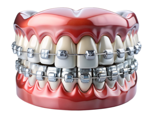 3D dental model of human teeth with silver orthodontic braces