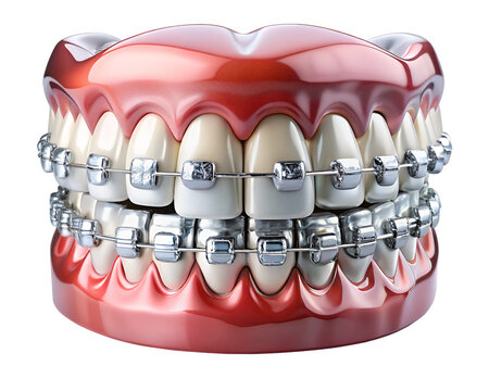 3D dental model of human teeth with silver orthodontic braces