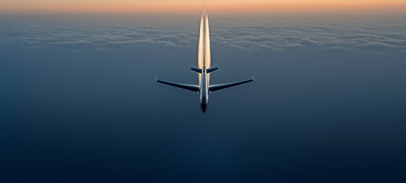 A sleek passenger jet ascends into the blue sky, leaving vapor trails behind, showcasing modern aviation against a stunning sunset backdrop. - Powered by Adobe