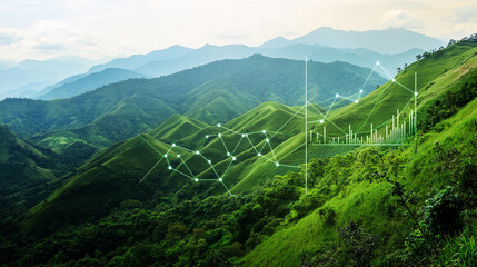 Lush green mountains with a data visualization overlay Generative AI