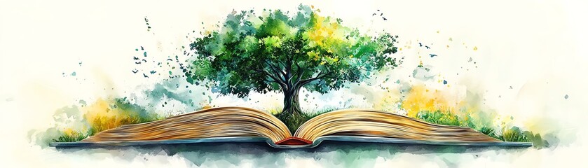 Tree growing from open book. Nature, knowledge, growth.