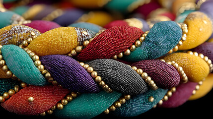 Colorful Braided Beads with Glossy Finish on Dark Background