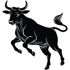 Black silhouette of a Brahman cow jumping, with its distinctive hump, long ears, and muscular body clearly visible.
