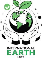 Simple black and white Earth with heart and leaf for sustainability., Earth Day vector illustration for posters, banners, prints, and web in a modern cartoon flat style.