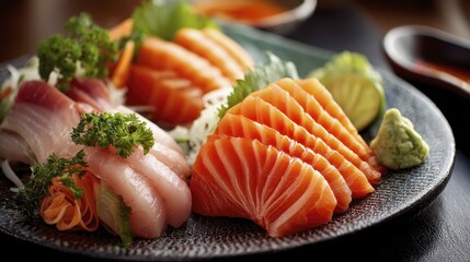 Close-up of glistening sashimi, highlighting the rich marbling and vibrant hues of the fish - ingredient color photography hue