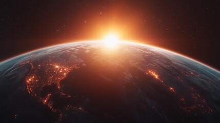 Obraz premium A breathtaking view of Earth from space, showcasing a sunrise over the horizon with visible landmasses and glowing city lights.
