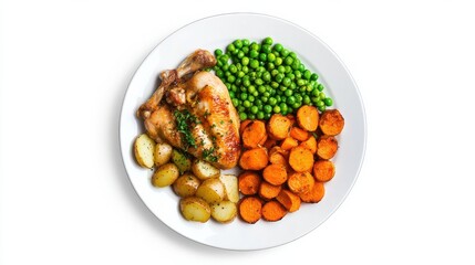 A roasted chicken served with potatoes, carrots, and peas on a white plate, creating a classic and comforting meal.