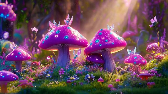 Magical mushrooms in a vibrant fairy forest