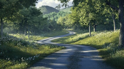 Winding road leading into a serene natural landscape with lush greenery and wildflowers