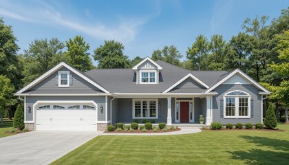 Suburban home with gray siding, white trim, dark roof, and well-manicured lawn under a bright blue sky; cozy living in a modern setting.