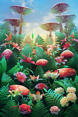 fantastic wonderland forest landscape with mushrooms and flowers. 
illustration