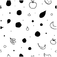 Seamless Doodles Fruits and Black Shapes Pattern