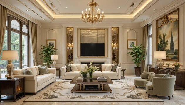Elegant living room with sofas, ornate rug, fireplace, and chandelier. Natural light complements the neutral color palette.