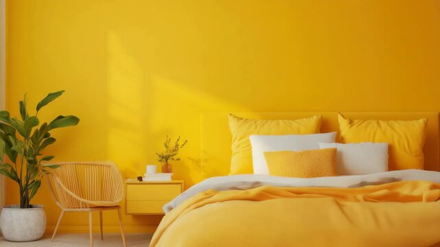 Bright and cheerful bedroom design with yellow walls and cozy decor in a modern home